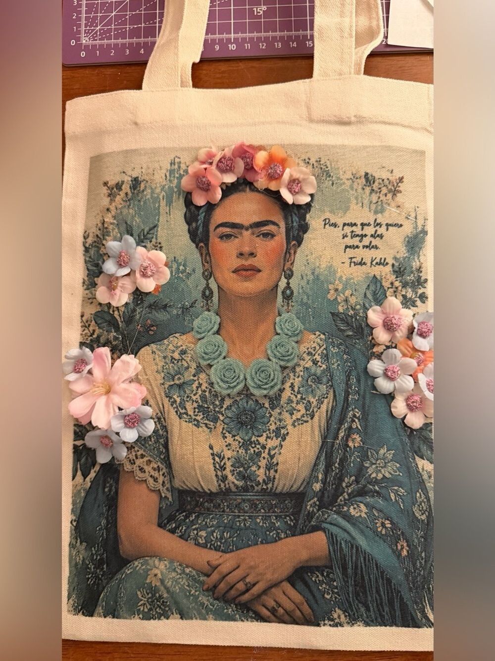 Canvas Tote Bag with Frida Kahlo Portrait - Cream and Teal